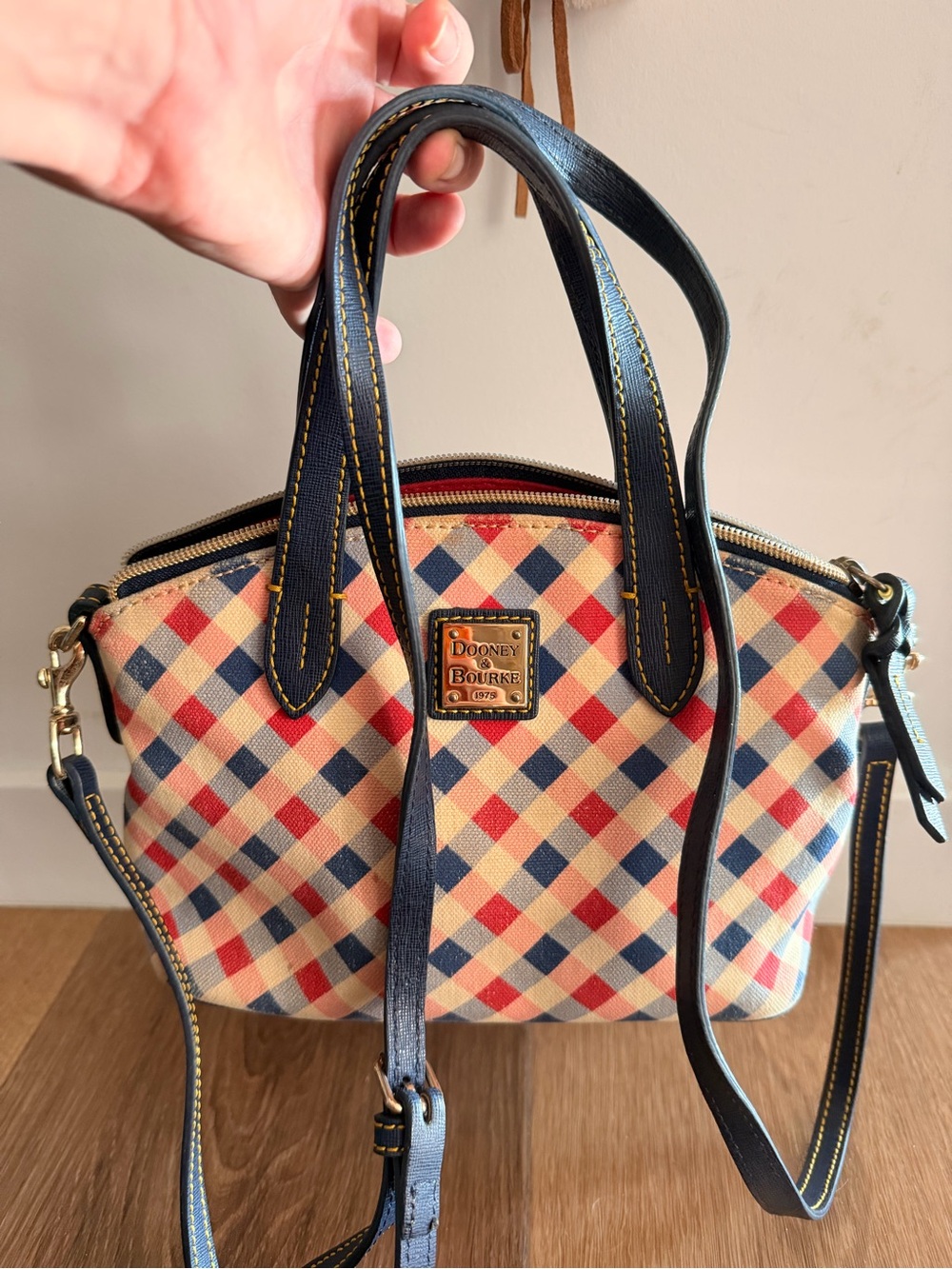 Dooney & Bourke Gingham Zip Satchel Handbag Coated Cotton Domed Bag Y2K Vibe